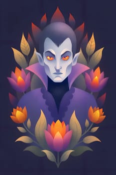 A captivating figure stands out with striking features and glowing eyes, surrounded by colorful flowers and leaves, creating a blend of beauty and darkness.