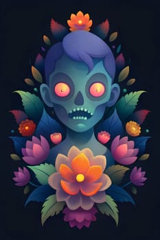 This artwork depicts a blue-skinned skeleton with wide, glowing eyes, framed by a variety of colorful flowers and leaves, creating a whimsical atmosphere.