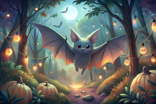 A charming bat with oversized eyes flutters through a serene forest at night. Lanterns illuminate the area, surrounded by pumpkins and soft moonlight.