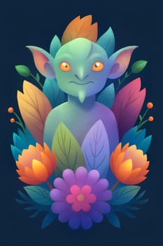 A fantastical creature with large ears and bright eyes stands amidst an array of colorful flowers and lush greenery, creating a magical atmosphere.