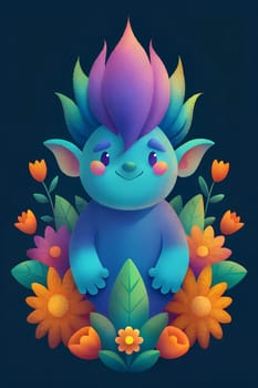 A charming blue character with expressive features stands surrounded by colorful flowers, creating a joyful and magical atmosphere that captivates the viewer’s imagination.