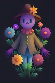 A cheerful scarecrow stands in a garden filled with colorful flowers, adorned with a hat and flower, creating a whimsical and inviting atmosphere at dusk.