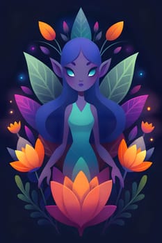 A captivating elf stands gracefully, adorned by vivid flowers and lush foliage. The scene radiates a magical ambiance with colorful glowing elements.