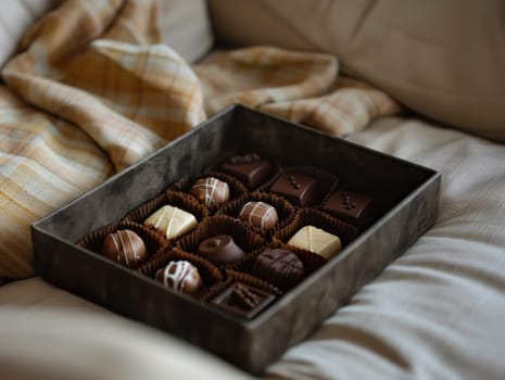 A selection of elegant chocolates neatly arranged in a box lies on a soft, plaid blanket. The warm colors and cozy atmosphere create a comforting vibe perfect for indulgence.