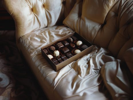 A luxurious box filled with assorted chocolates is placed on a velvet couch, illuminated by soft afternoon light, creating a warm and inviting atmosphere.