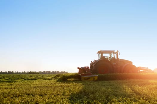 hay making for animals, harvesting green grass for feed with a tractor, agribusiness concept, animal feed