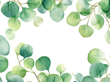 This artwork features an assortment of eucalyptus leaves in various autumn shades, gracefully framing a blank center. The soft watercolors blend beautifully, evoking a peaceful atmosphere.