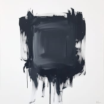 This artwork features a stark black square created with dynamic brush strokes against a white background, embodying minimalist design and contemporary art movement.