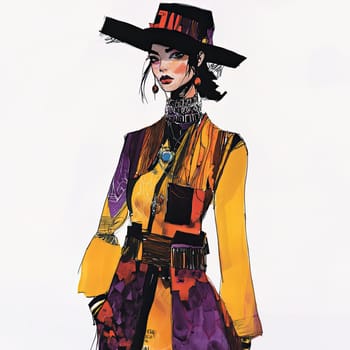A stylish woman stands confidently wearing a colorful outfit, complete with a wide-brimmed hat and bold accessories, exuding a unique fashion sense and artistic expression.