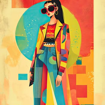 A confident woman stands poised in fashionable attire featuring a mix of colors and patterns, paired with oversized sunglasses, in front of an abstract backdrop.