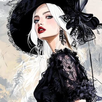 A striking young woman wearing an elegant black hat and lace clothing showcases her bold style while gazing confidently in an artistic setting.