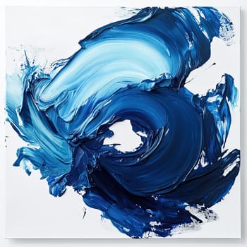 An artistic display of swirling blue and white paint on textured canvas, capturing the fluid and dynamic essence of the painter’s creativity and expression.