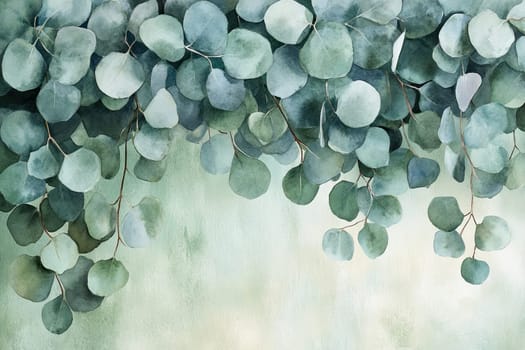 A beautiful watercolor artwork featuring eucalyptus leaves in varied hues of green, yellow, and red, complemented by vibrant red berries, elegantly arranged against a white background.
