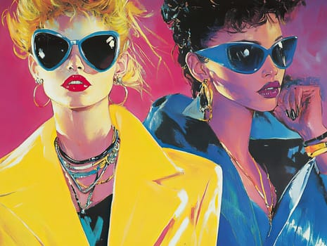 Two fashionable models showcase a striking retro style with colorful outfits and oversized sunglasses set against an eye-catching art background. The vibrant colors enhance their edgy look.