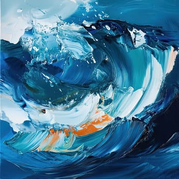 This artwork showcases a swirling ocean wave, with lively brushstrokes in shades of blue and hints of orange. The colors blend seamlessly to create movement and depth.