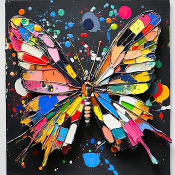 The butterfly is represented in an explosion of colors, with distinct brush strokes highlighting the wings’ symmetry and beauty against a dark backdrop, exemplifying creativity.