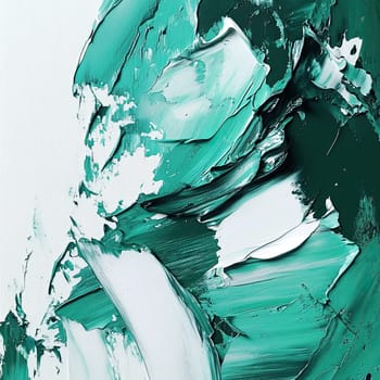 This captivating artwork presents dynamic swirls of teal and white paint, blending harmoniously to create an abstract expression of creativity and emotion in an artist's workspace.