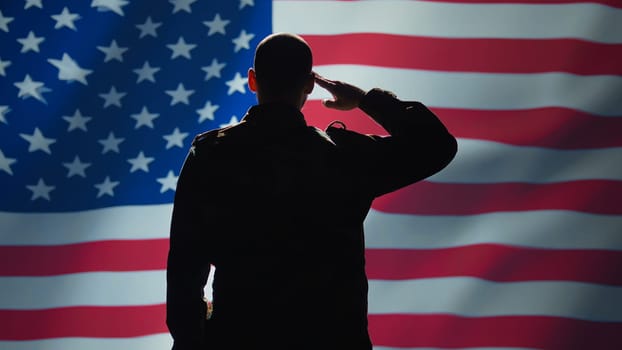 American soldier doing saluting hand gesture towards USA flag in command center, showing respect. Military unit in uniform serving in United States Armed Forces, doing patriotic gesturing, camera B