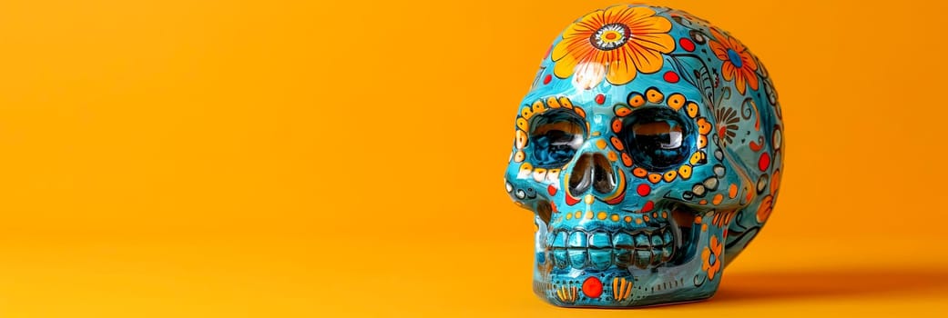 Traditional sugar skull Calavera, decorated with flowers, on the Day of the Dead on a yellow background. Banner.