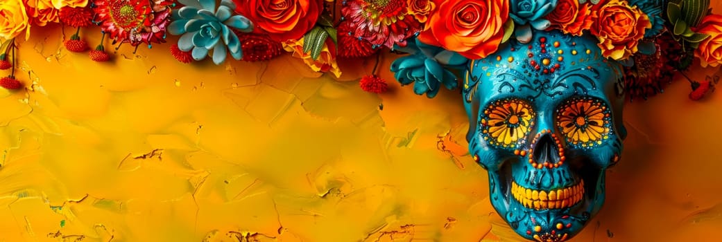 Traditional sugar skull Calavera, decorated with flowers, on the Day of the Dead on a yellow background. Banner.