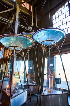 Image of Large bowls of blue and teal water standing up on tall copper legs in science experiment