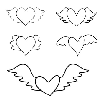 Heart with wings, hand drawn line drawing on white background. Isolated.