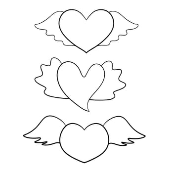 Heart with wings, hand drawn line drawing on white background. Isolated.