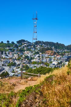 Image of Hillside leading to distant neighborhood under Sutro Tower