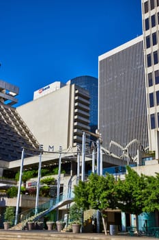 Image of Entrance to Embarcadero with skyscrapers behind it on clear blue sky day