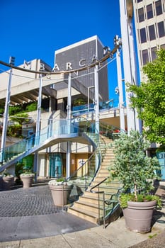 Image of Side view of Embarcadero Center entrance-way with curving symmetrical staircases