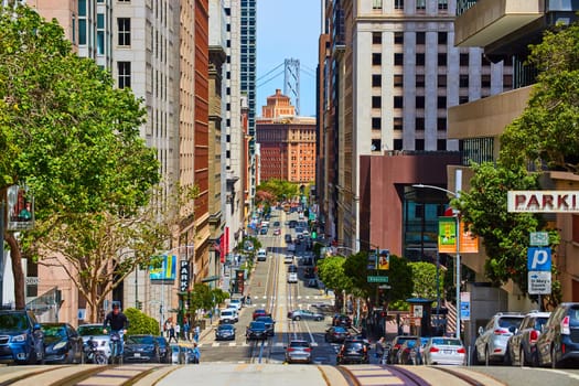 Image of View of busy California street with cars and view of Oakland Bay Bridge