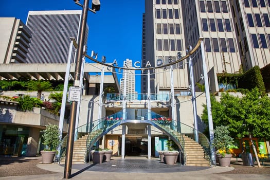 Image of Impressive Embarcadero Center entranceway with curving symmetrical staircases