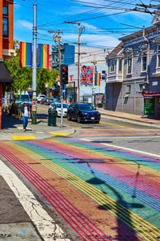 Image of Bright and sunny view of crosswalks in LGBTQIA+ Castro District in San Francisco