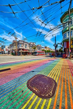 Image of Rainbow crosswalk with fun sewer grate in Castro District on blue sky day