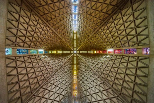 Image of Straight up shot of center of geometrical ceiling for Cathedral of Saint Mary of the Assumption