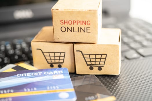 Shopping cart logo on box with credit card. Banking Account, Investment Analytic research data economy, trading, Business import export transportation online company.