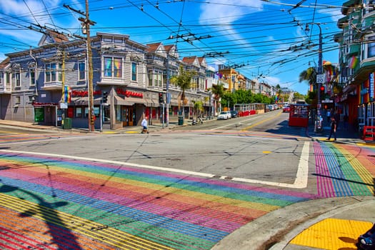 Image of All four rainbow crosswalks on bright sunny day in Castro District