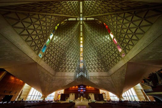 Image of Wide view of ceiling of Cathedral of Saint Mary of the Assumption with pews