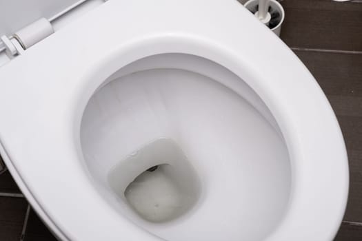 White toilet bowl in the toilet in the bathroom. The toilet before it is washed. The concept of cleaning and cleanliness.