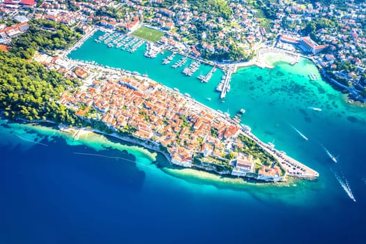 Historic town of Rab aerial view, Island of Rab, archipelago of Croatia