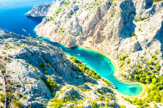 Zavratnica bay fjord under Velebit mountain aerial view, scenic archipelago of Croatia