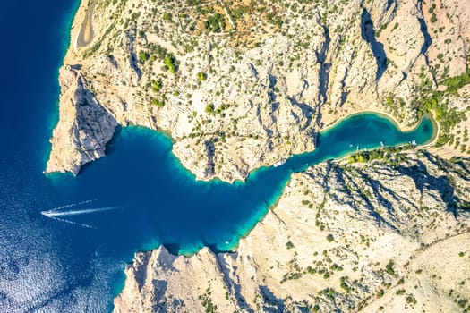 Zavratnica bay fjord under Velebit mountain aerial panoramic view, scenic archipelago of Croatia