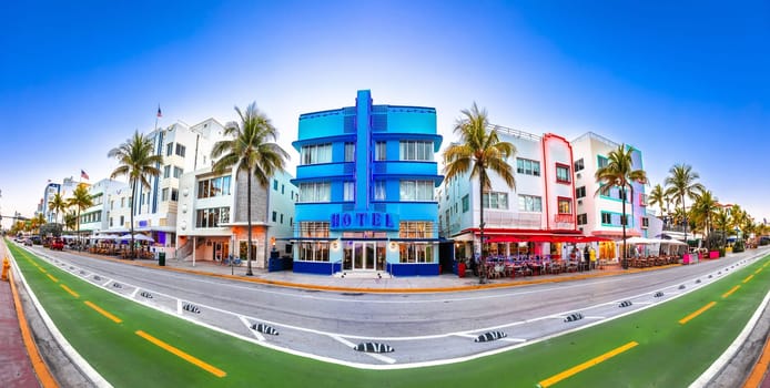 Miami South Beach Ocean Drive colorful Art Deco street sundown view, Florida state in United States of America