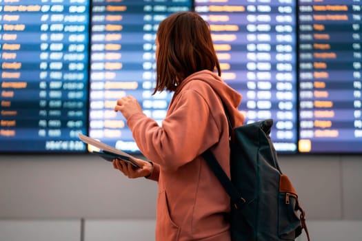 The girl goes on a flight in the airport, holds a passport and tickets in her hands, looks at the gate number in search of her plane, the woman goes on a trip with a backpack.