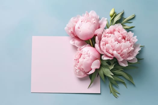 Mockup blank white paper with Peony flower with greeting card, Copy space. Generative AI image weber.