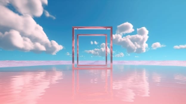 3d rendered Abstract aesthetic background. Surreal fantasy landscape. Water, pink desert, neon square shape chrome metallic gate under the blue sky with white clouds. Virtual reality wallpaper. Generative AI image weber.