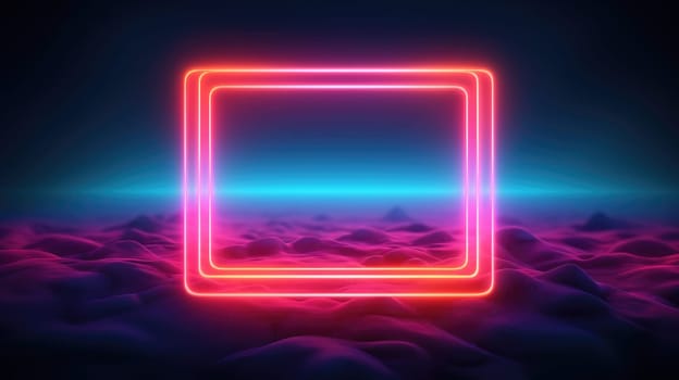 Glowing neon square frame over abstract landscape. Generative AI image weber.
