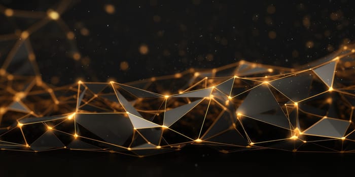 3D network connections with plexus design black and gold color background wallpaper. Generative AI image weber.