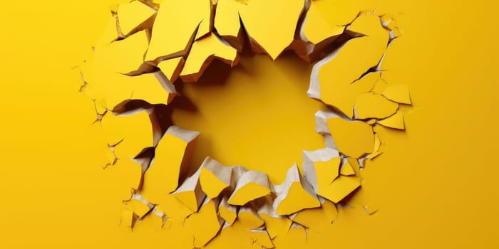 Breaking out of a hole in solid Yellow wall, torn hole, empty copy space frame, mockup. Generative AI image weber.