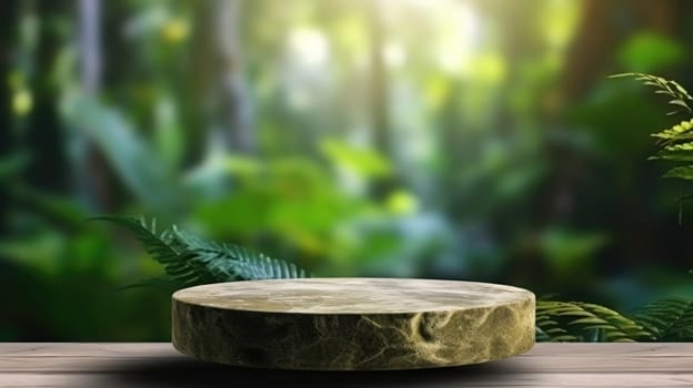 Empty stone table for product advertising display in fresh green jungle blur background. Generative AI image weber.